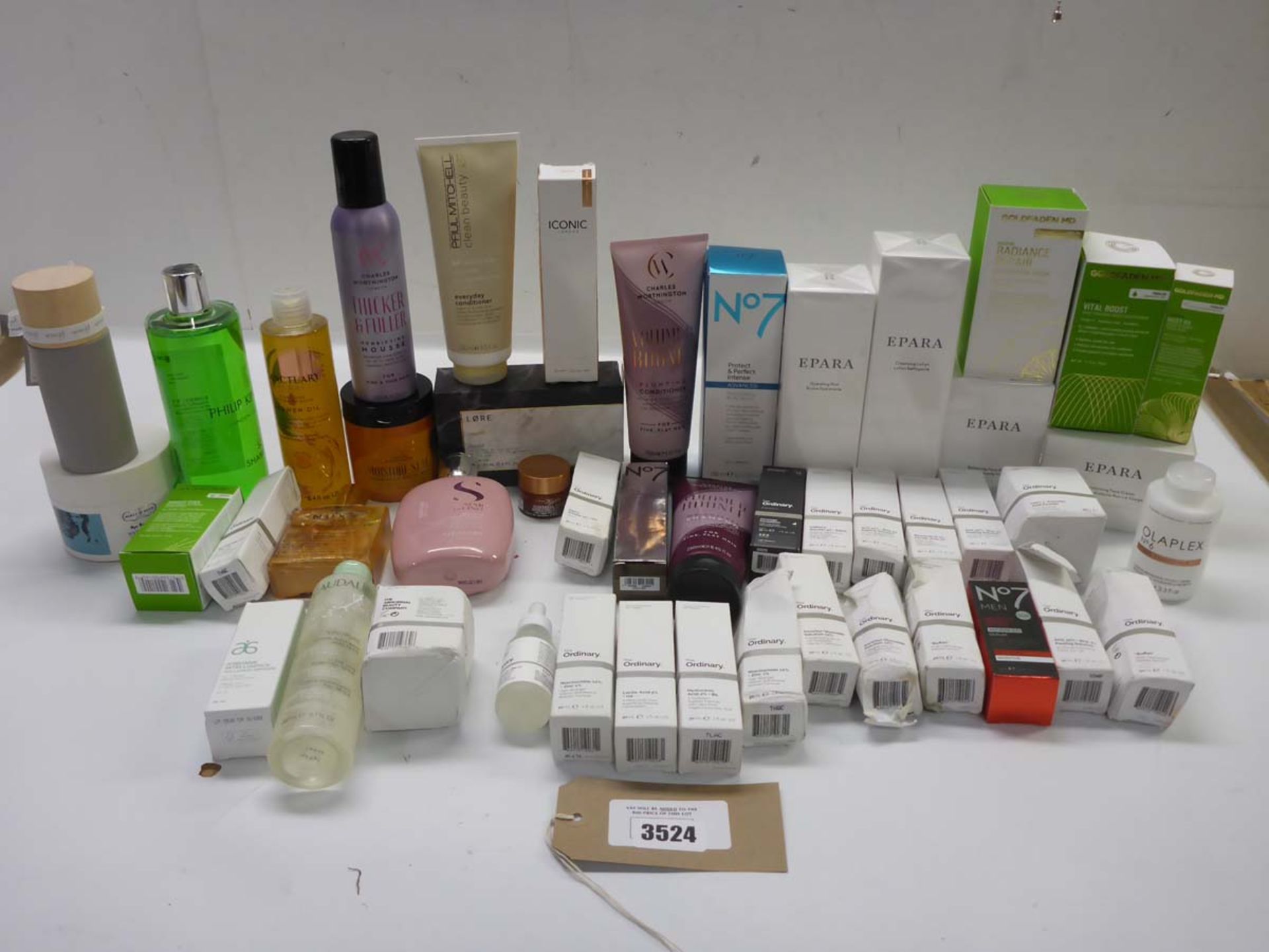 Selection of branded toiletries including Epara, Goldfaden, Sanctuary, Iconic, The Ordinary, Lore