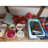 5 cardboard boxes containing assorted kitchenware. homewares and cool box