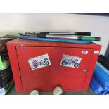 Metal storage box with trays and large tree loppers and saw