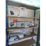 3 shelves and box of assorted outdoor LED floodlights and solar panel