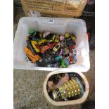 2 trays of die cast vehicles, figures and Dalek