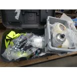 Small black toolbox, plastic box and bag containing various cleaning chemicals, nuts, bolts,