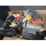 2 cardboard boxes and plastic toolbox containing hinges, chains, foot pump, locks, screws, etc.