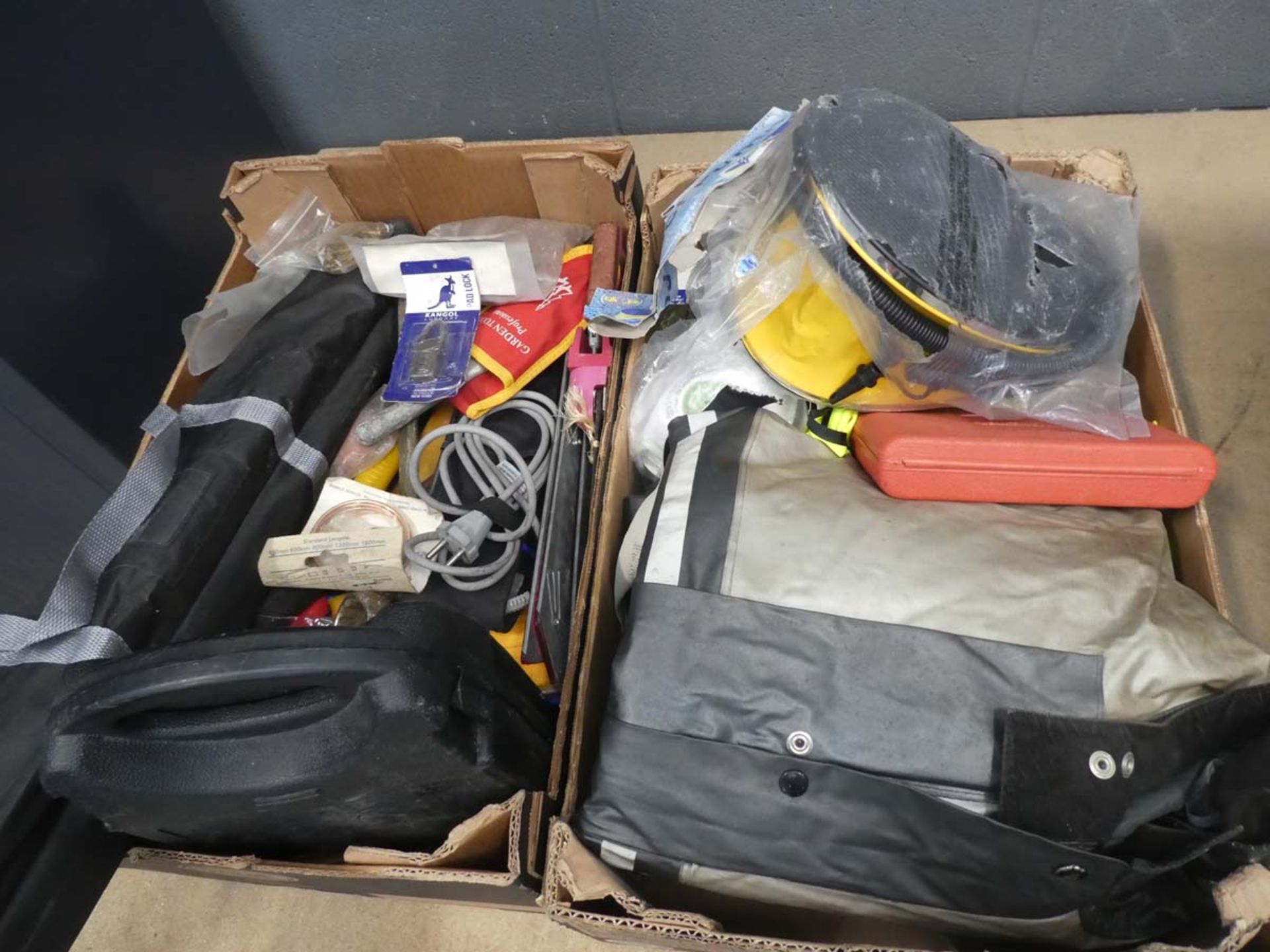 2 cardboard boxes and plastic toolbox containing hinges, chains, foot pump, locks, screws, etc.