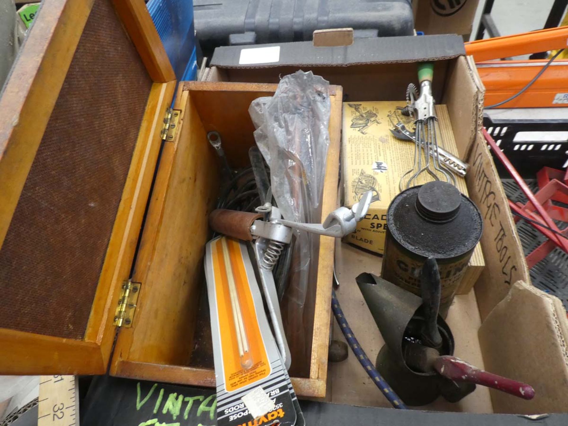 2 boxes containing tools incl. small vice, taps, light, army camp bed, ruler, oil cans etc. - Image 3 of 3