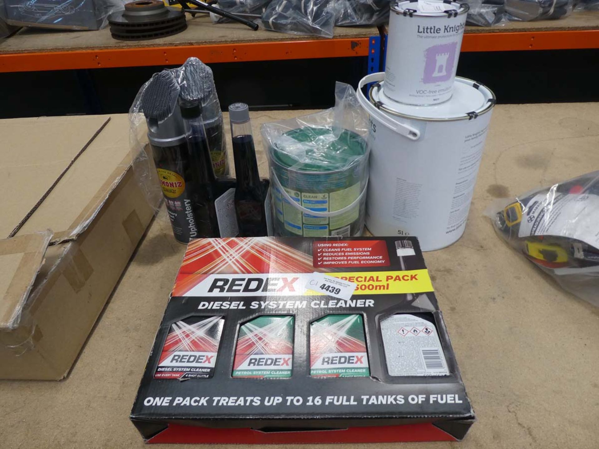 Redex, upholstery cleaner and 3 tins of paint