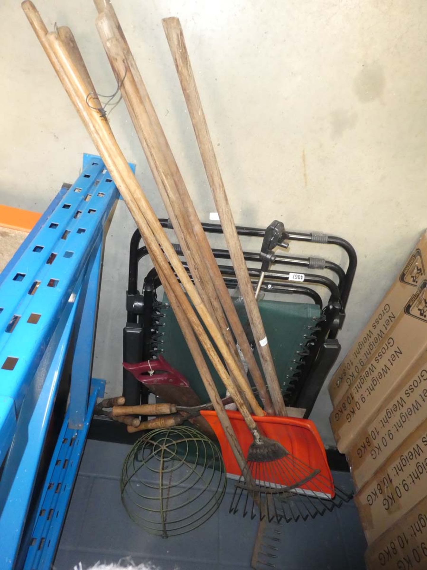 Small quantity of garden tools and a fold up garden chair