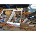 3 cardboard boxes containing various tools, hinges, latches, door handles, silicon, bulbs etc.