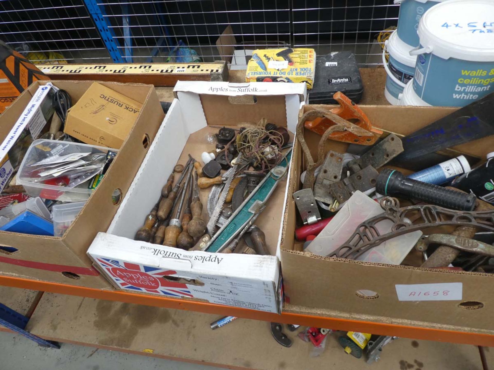 3 cardboard boxes containing various tools, hinges, latches, door handles, silicon, bulbs etc.