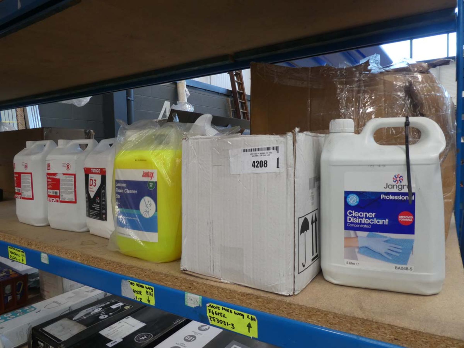 Quarter shelf of chemicals to include disinfectant, floor cleaner, deionised water etc.