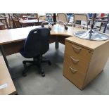 Beech effect radial office desk with 3-drawer pedestal and blue swivel chair