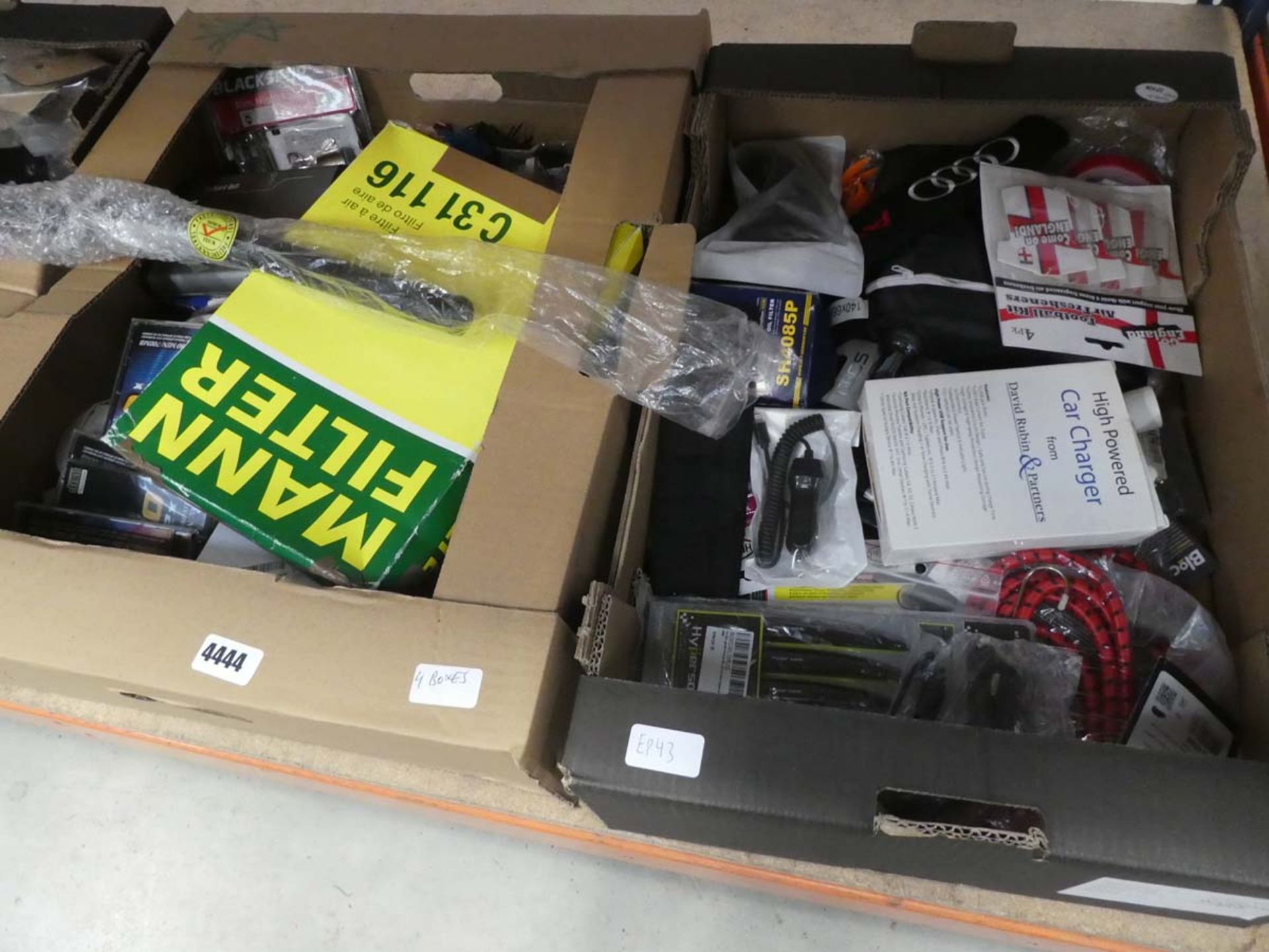 4 boxes of various car parts incl. phone holders, filters, hoses, car chargers, air fresheners, etc. - Image 2 of 3