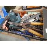 Box of various tools incl. circular saw, shears, spanners, floats etc.