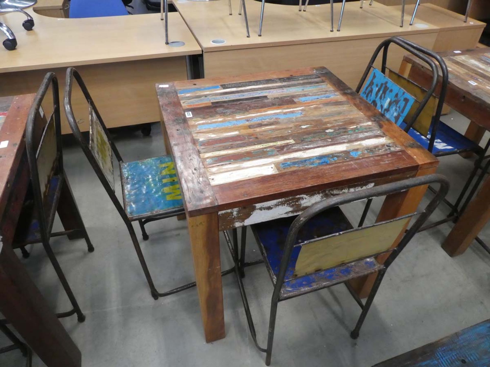 Square topped Rustic Mexican style table with 3 metal painted stacking chairs