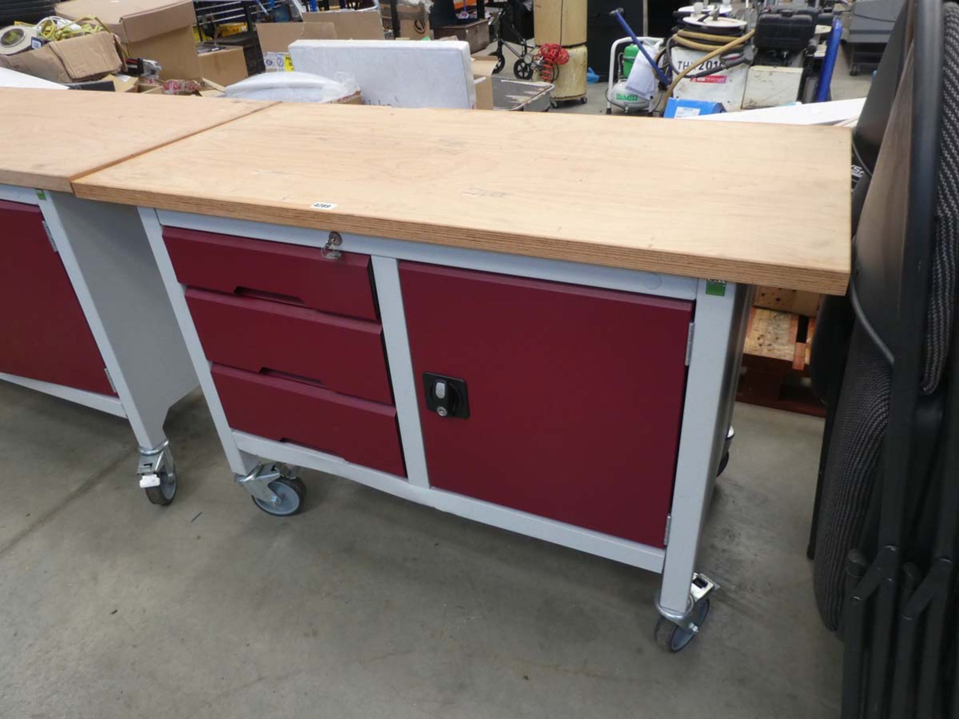 4ft wheeled metal work station with cupboard and drawers under