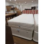 3ft single bed on divan base with striped fabric headboard