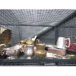 Cage containing fish knives and forks, brassware, silver plated gravy boats and tureen