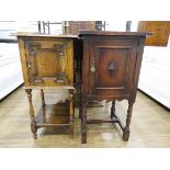 Mixed pair of pot cupboards in oak, one with shelf under and one with barley twist legs under