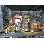 Cage containing copper and brass wear to include a tray, tea pot, letter rack and various pots table