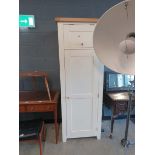 Cream painted oak single door kitchen cupboard with inner wine rack, spice rack and drawers