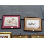 2 Ralph Steadman comical prints the arm wrestle and 2 ostriches