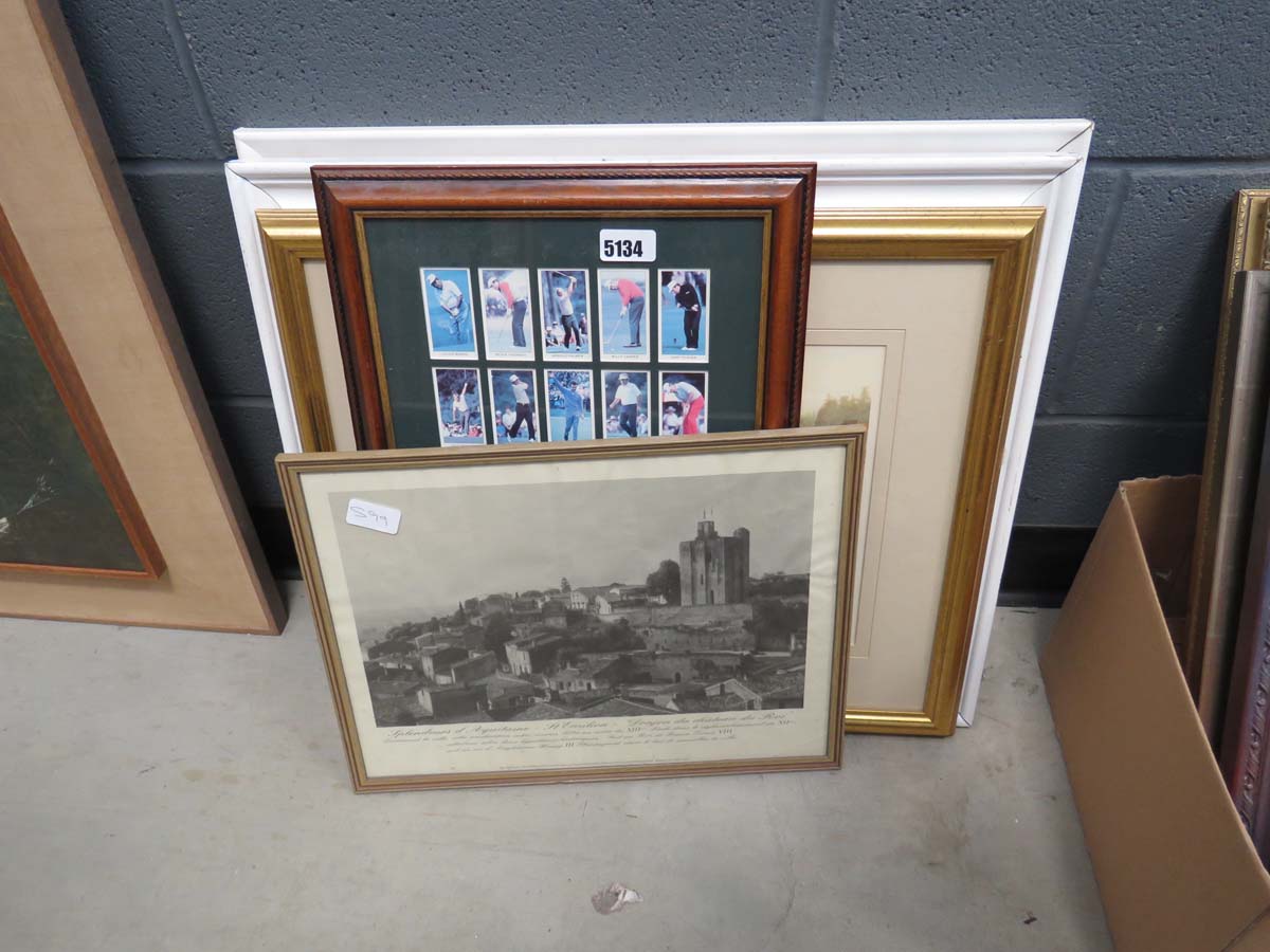 Cigarette card picture with golfers, a print of a highland stream, oil on canvas flying swan, a Jack