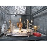 Cage containing Silver plated goblets, various candle sticks, a galleried tray and a brass trophy