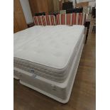 3ft single bed on divan base with striped fabric headboard