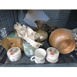 Cage containing commemorative wear, brass and copper pots, jasper wear biscuit barrel and a boxed