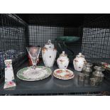 Cage containing Royal Albert Old Country Rose crockery, pewter pots, napkin rings and