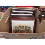 Box of vintage car photographs and prints of steam trains