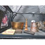 Cage containing pewter ware, a preserve pan, candle stick, copper jug, and enameled pot and 3 tins