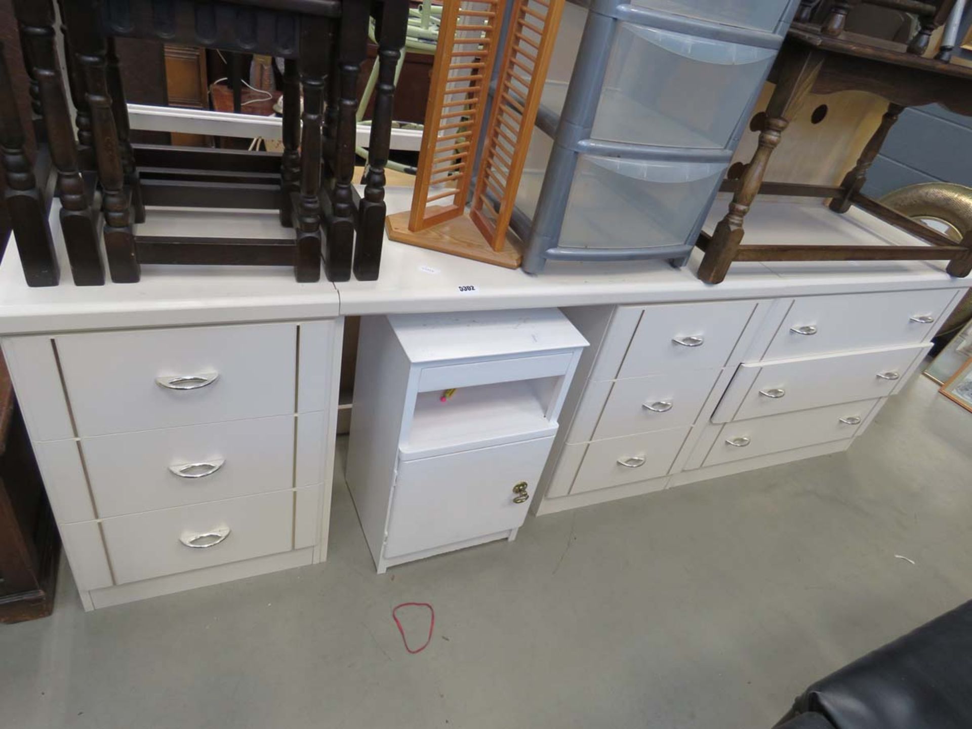 White painted dressing table and a matching chest of 3 drawers and a white painted bed side cabinet