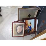Quantity of paintings and prints to include a Siamese lady a portrait of a gentlemen the white
