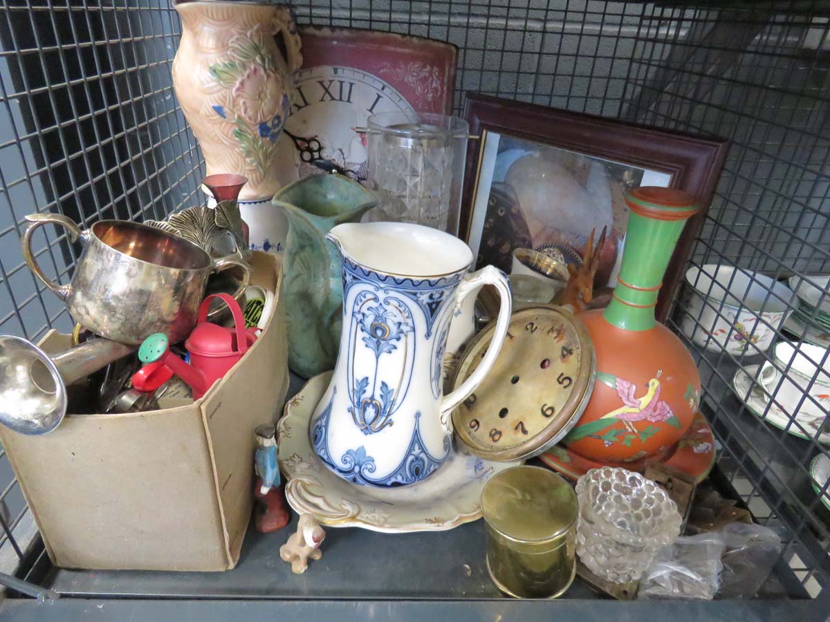 Cage containing furniture locks, brass and silver plate, water jugs and prints and general china