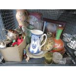 Cage containing furniture locks, brass and silver plate, water jugs and prints and general china
