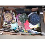 Box containing top trump cards plastic toys a dictionary and other jewellery boxes