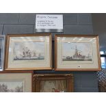 Pair of framed and glazed prints - battleship and fishing boats