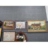 2 Oil painting of village pubs and a comical Bedford hospital trust painting