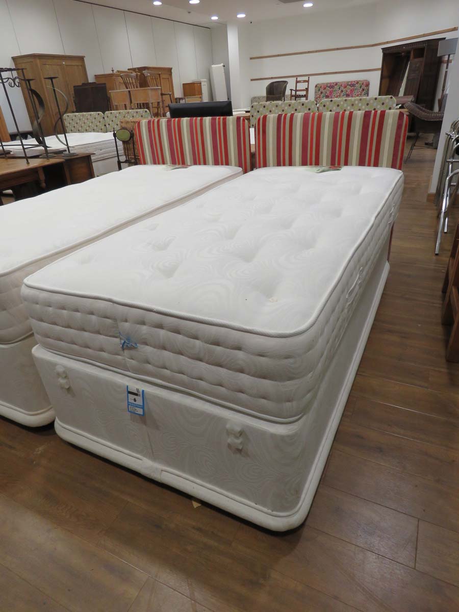 3ft single bed on divan base with striped fabric headboard