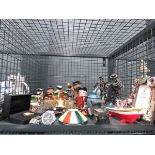 (6) Cage containing miniature Toby jugs, miniature flagons, watch, ornamental fishing boat, car,