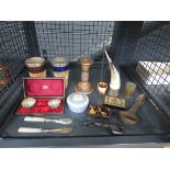Cage containing Royal Doulton mugs, salts, loose cutlery, Jasper ware, snuff boxes, Horn beakers and