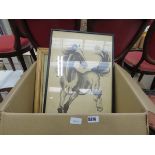 Box containing a hunting picture and pictures of dogs and a rural scenes