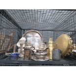Cage containing silver plated gallery tray, miniature busts, jugs and brassware
