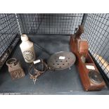Cage containing chestnut roaster, ginger beer bottle, vintage handcuffs, 4lb weight and carpenter'