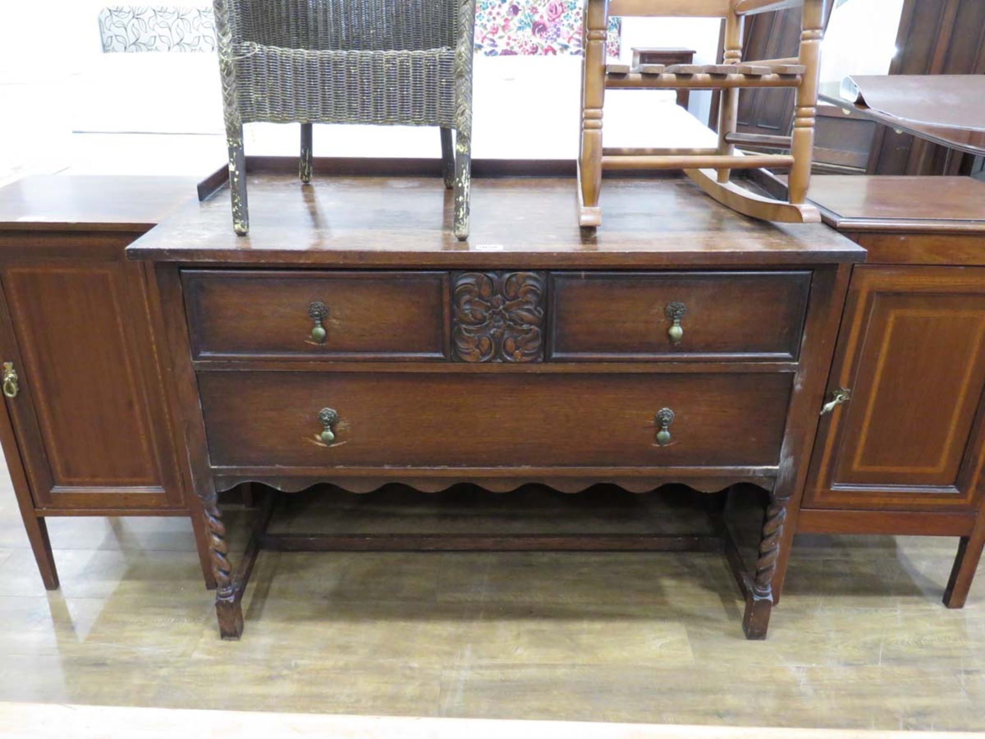 Dark wood oak 2 over single drawer sideboard on barley twist legs