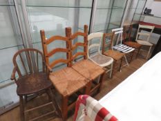 8 Assorted chairs to include rush seating, bergere seating and folding metal chairs