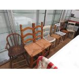 8 Assorted chairs to include rush seating, bergere seating and folding metal chairs