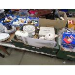 3 Boxes containing household appliances quartz carriage clock and a quantity of crockery