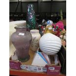 Box containing ceramic and glass vases